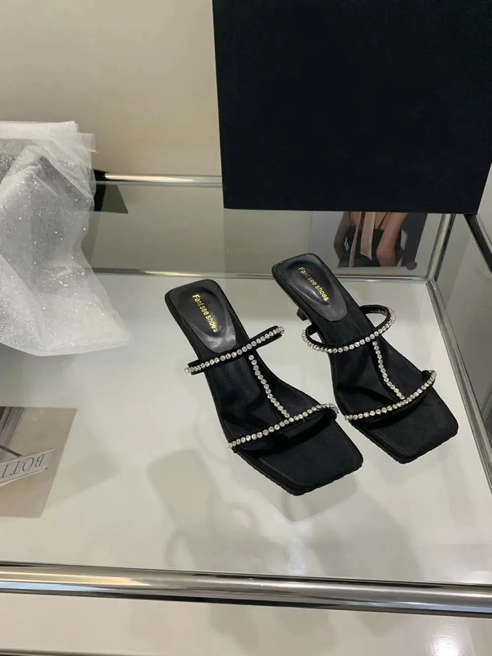 binfenxie  -  Open Toe Women Slides Slippers Black Silver Pink Summer Outside Mules Shoes Low Heels Rhinestone Shallow Casual Mules Thin Heels