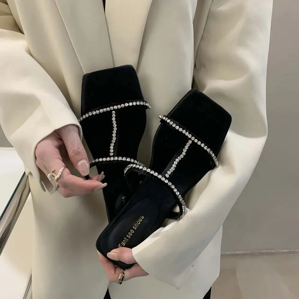 binfenxie  -  Open Toe Women Slides Slippers Black Silver Pink Summer Outside Mules Shoes Low Heels Rhinestone Shallow Casual Mules Thin Heels