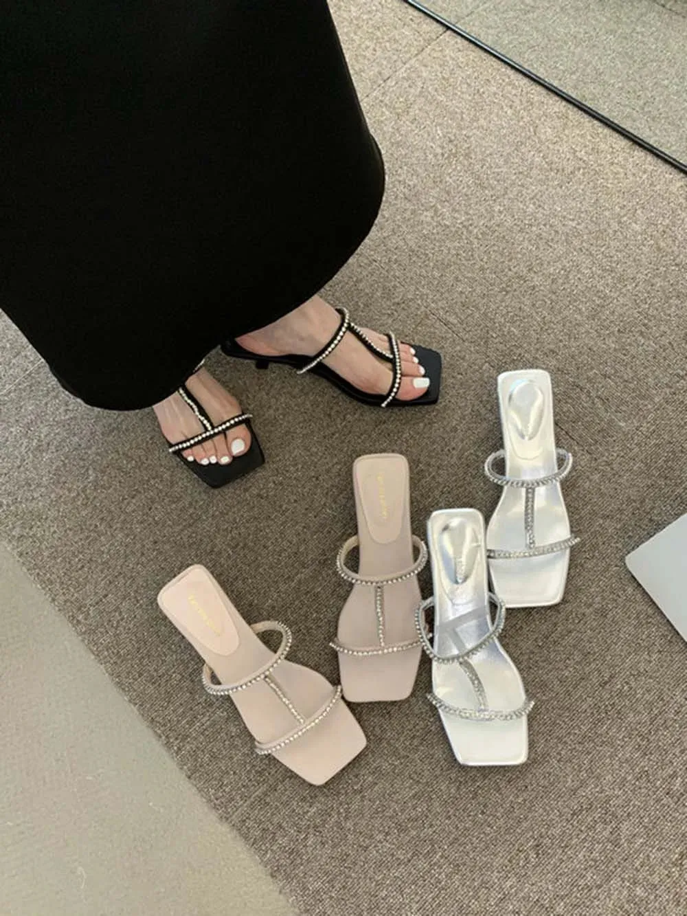 binfenxie  -  Open Toe Women Slides Slippers Black Silver Pink Summer Outside Mules Shoes Low Heels Rhinestone Shallow Casual Mules Thin Heels