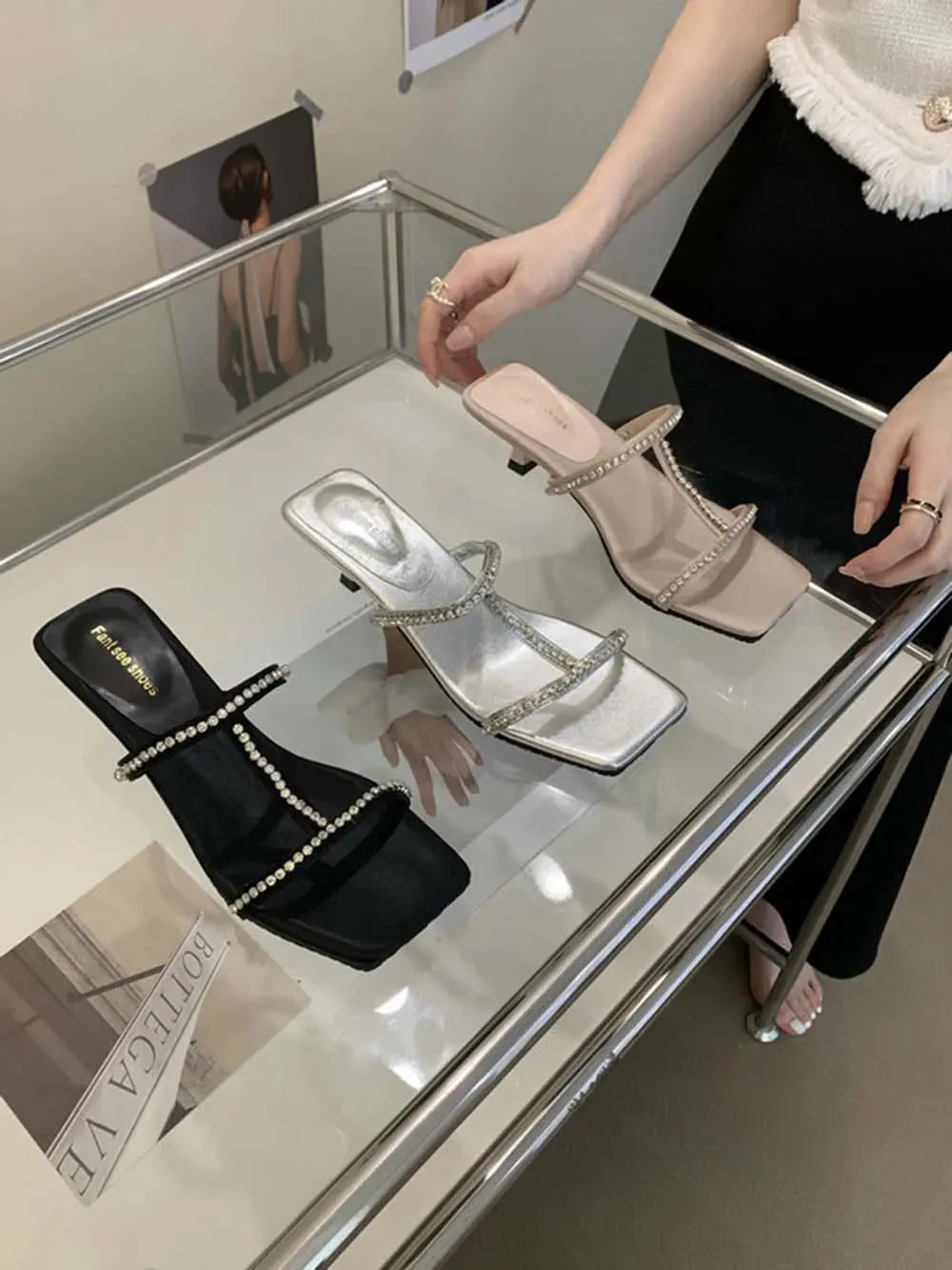 binfenxie  -  Open Toe Women Slides Slippers Black Silver Pink Summer Outside Mules Shoes Low Heels Rhinestone Shallow Casual Mules Thin Heels