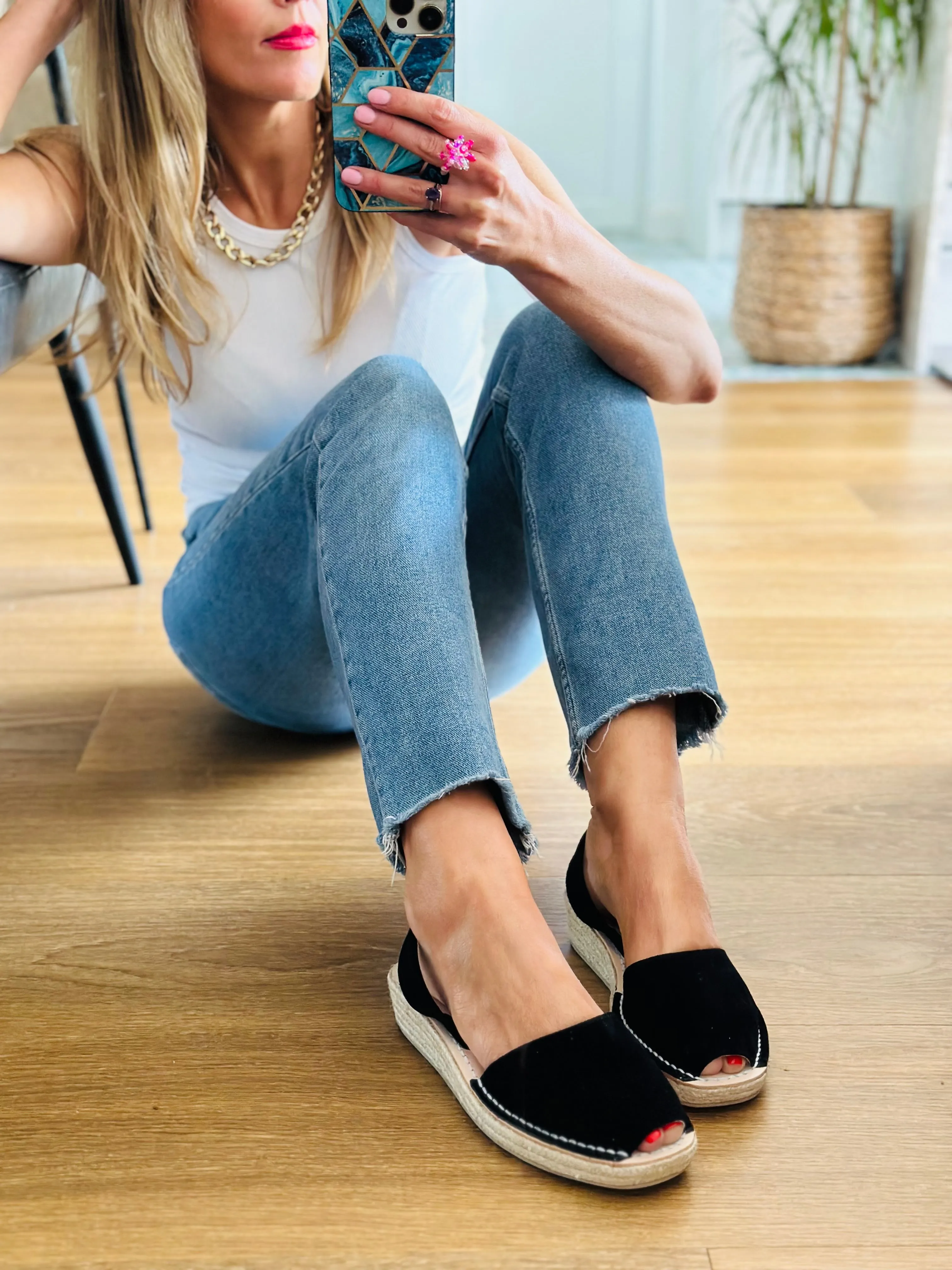 Black Suede Low Espadrille Wedge