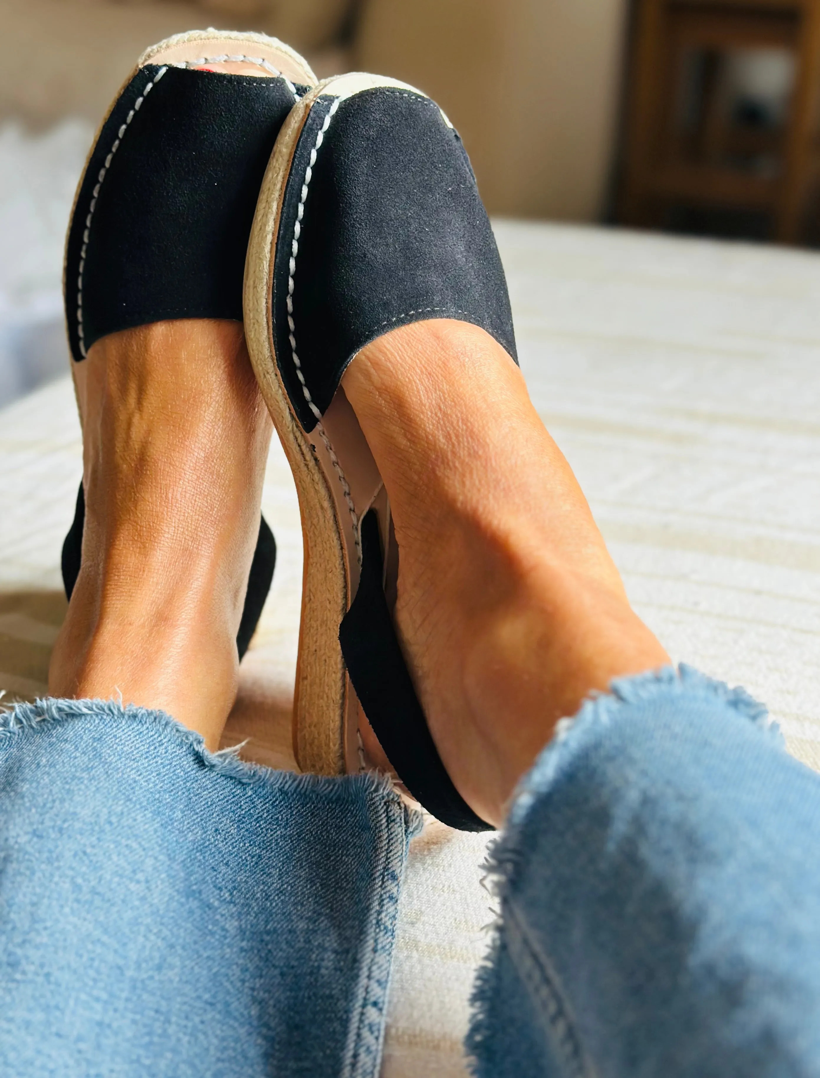 Black Suede Low Espadrille Wedge