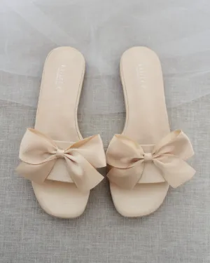 Champagne Satin Slip on Sandals with Satin Bow