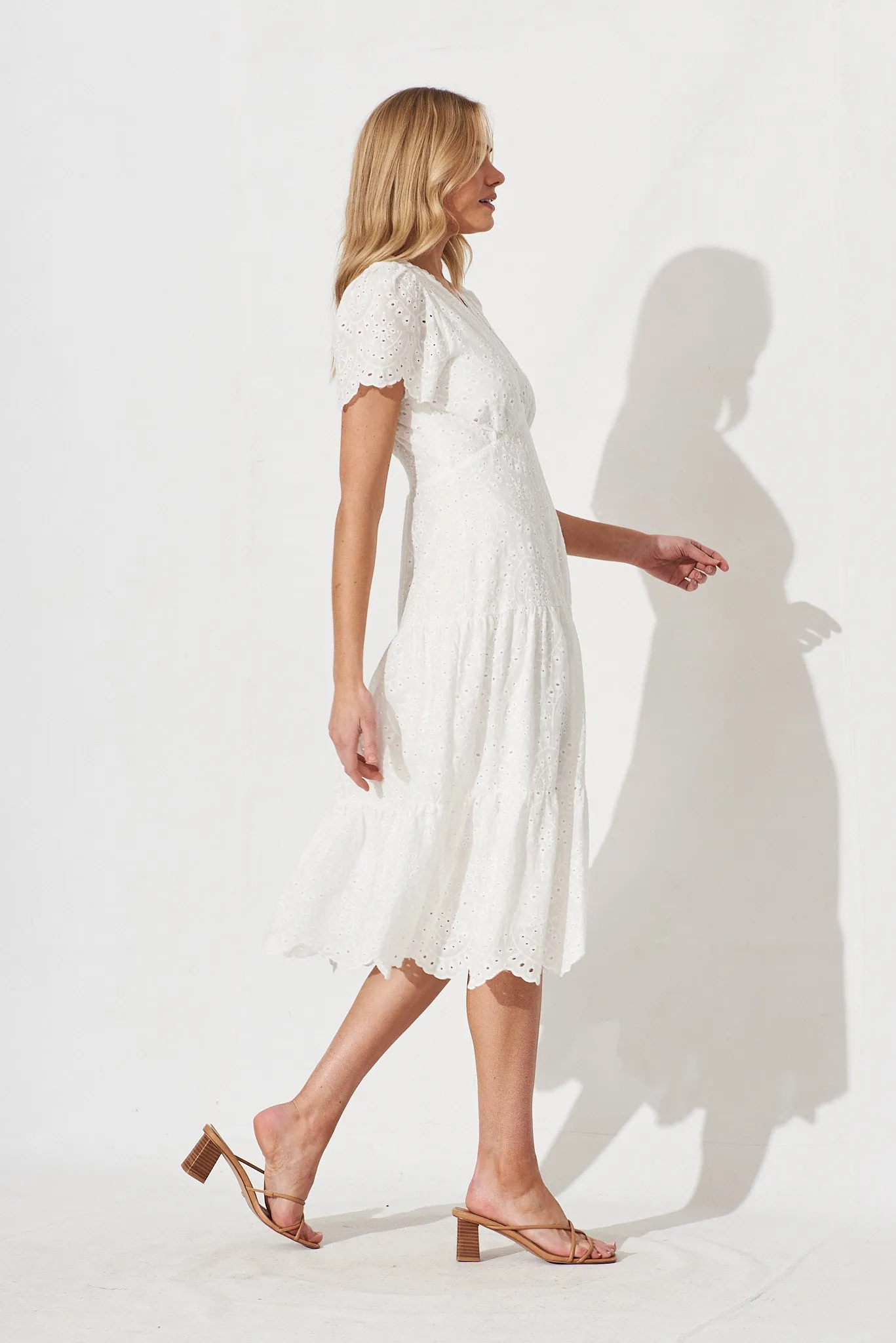 Charm Midi Dress In White Broderie