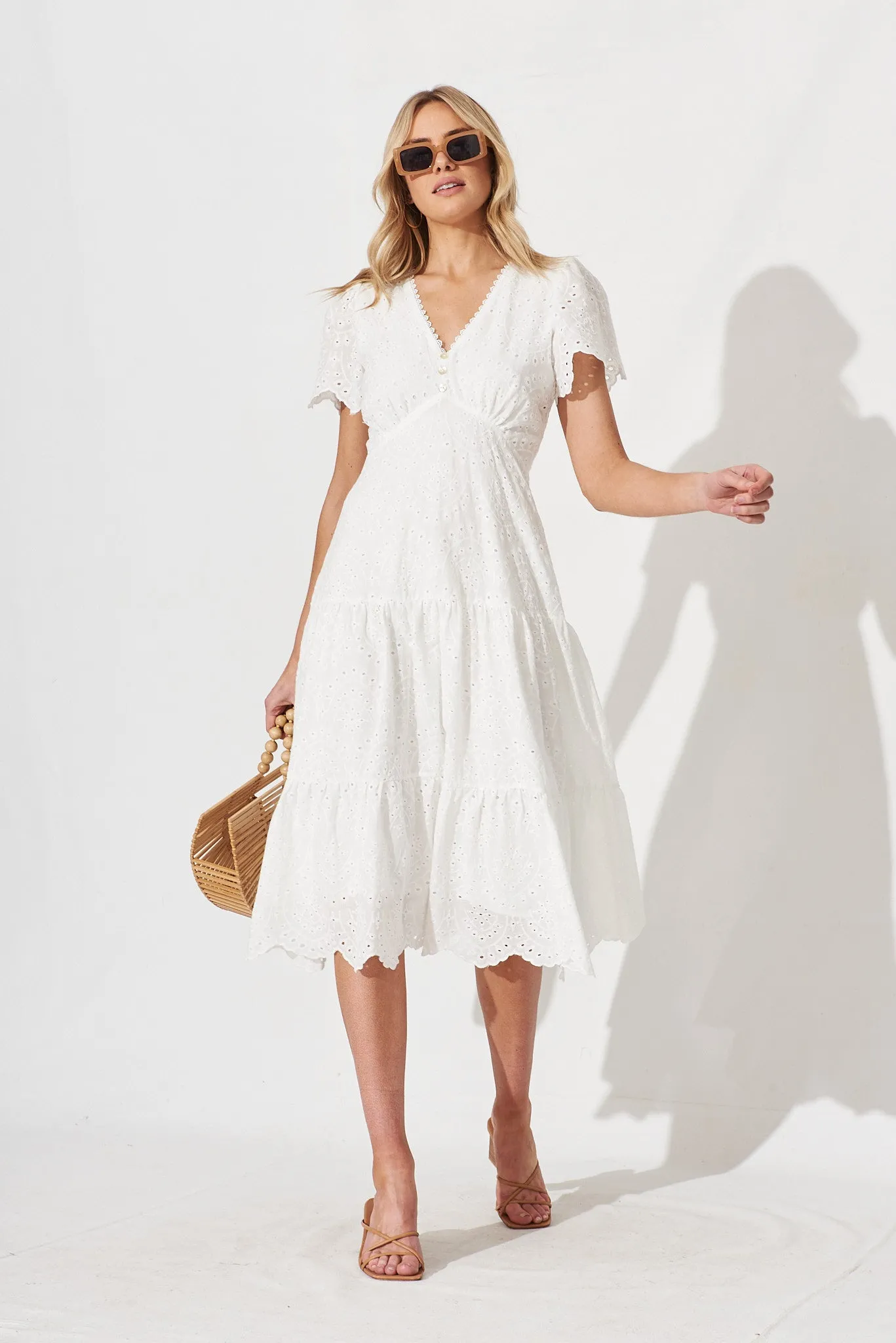 Charm Midi Dress In White Broderie