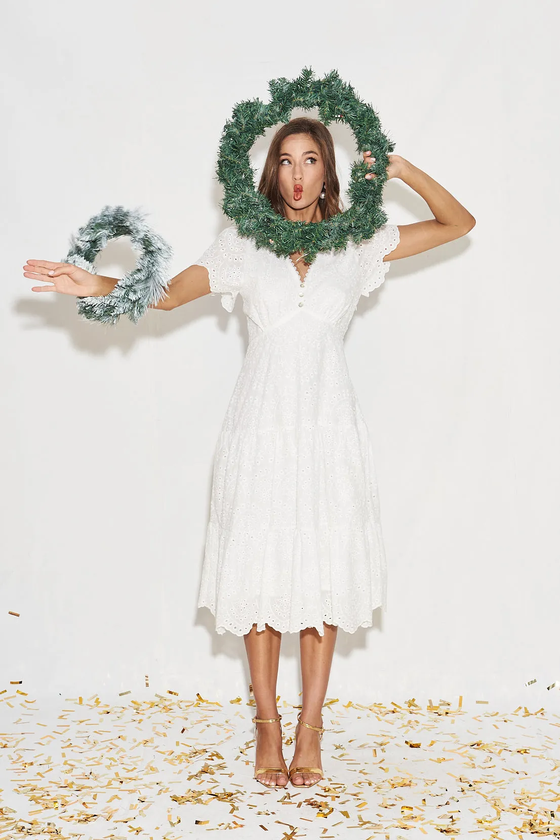 Charm Midi Dress In White Broderie