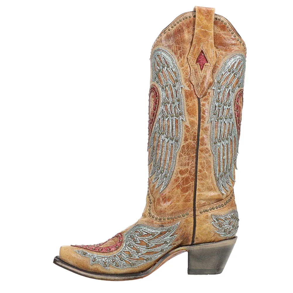 Heart and Wings Glitter Embroidered Studded Snip Toe Cowboy Boots