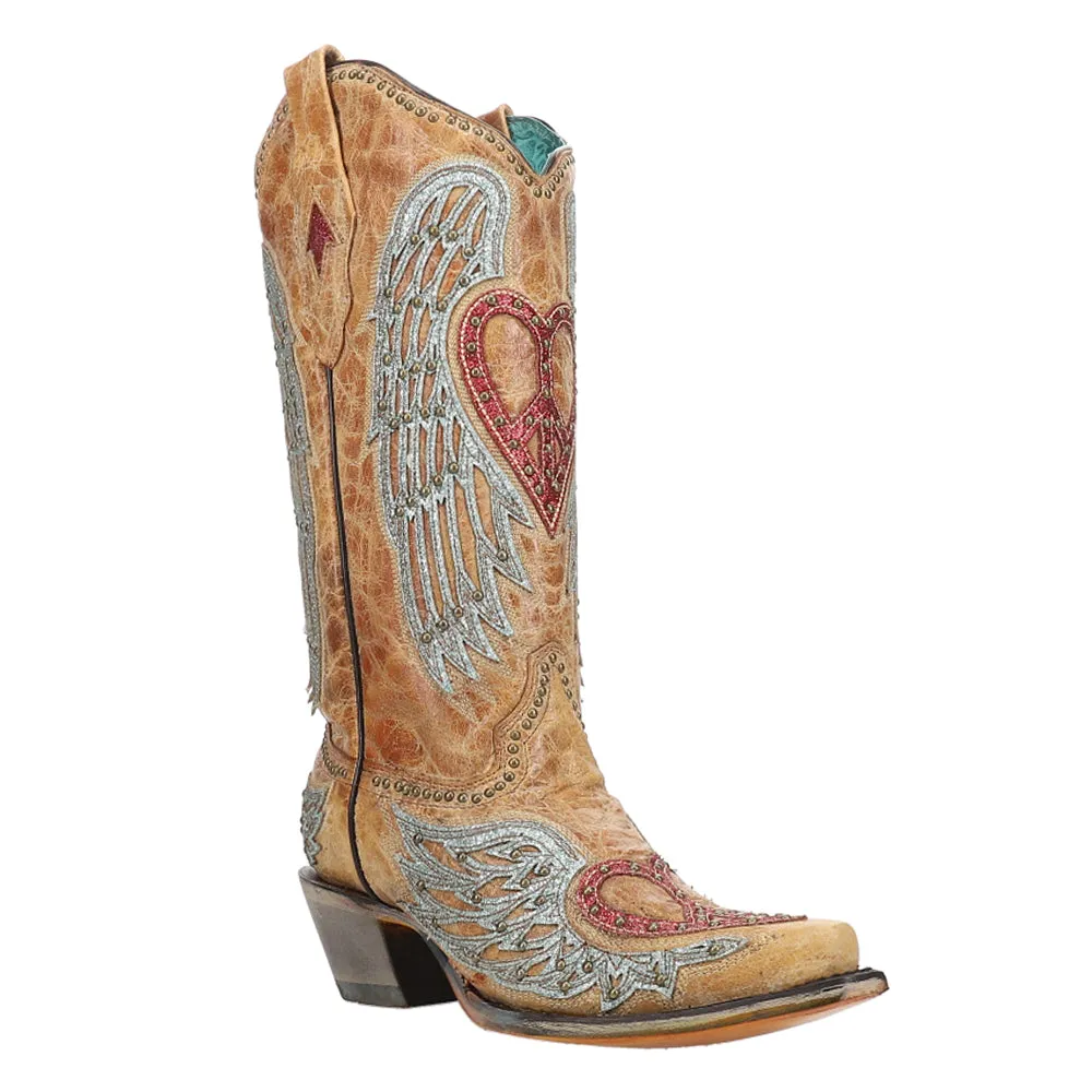 Heart and Wings Glitter Embroidered Studded Snip Toe Cowboy Boots