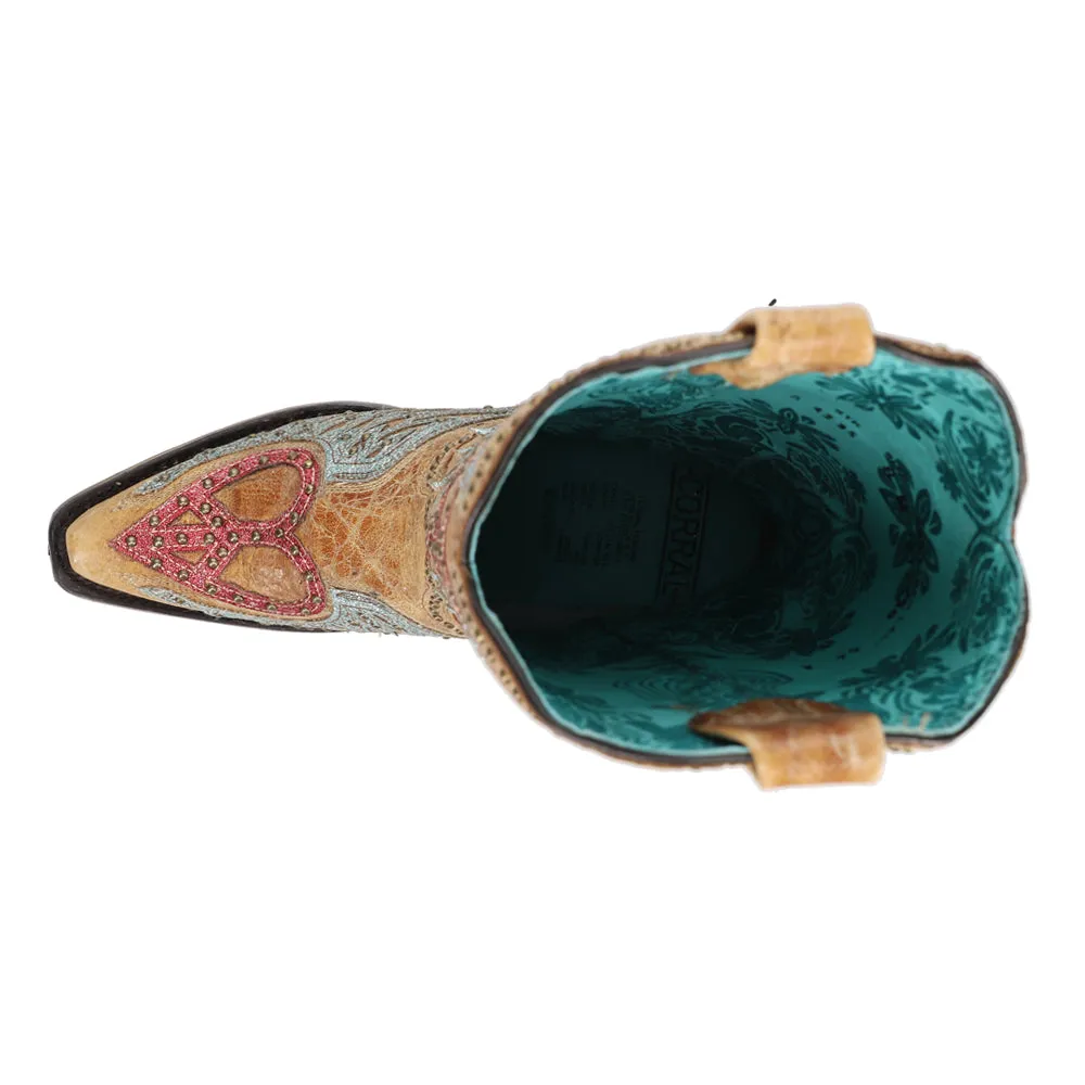 Heart and Wings Glitter Embroidered Studded Snip Toe Cowboy Boots