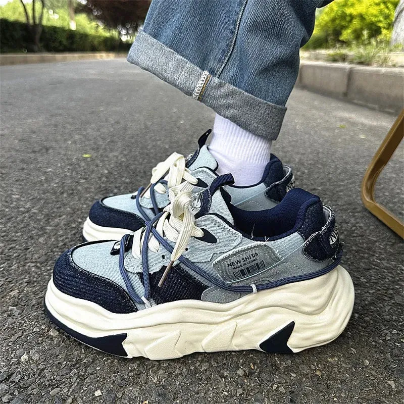 JOSKAA Trendy Denim Mens Sneakers Platform Student Breathable Casual Womens Chunky Shoes Designer Outdoor Couple Luxury Male Footwear