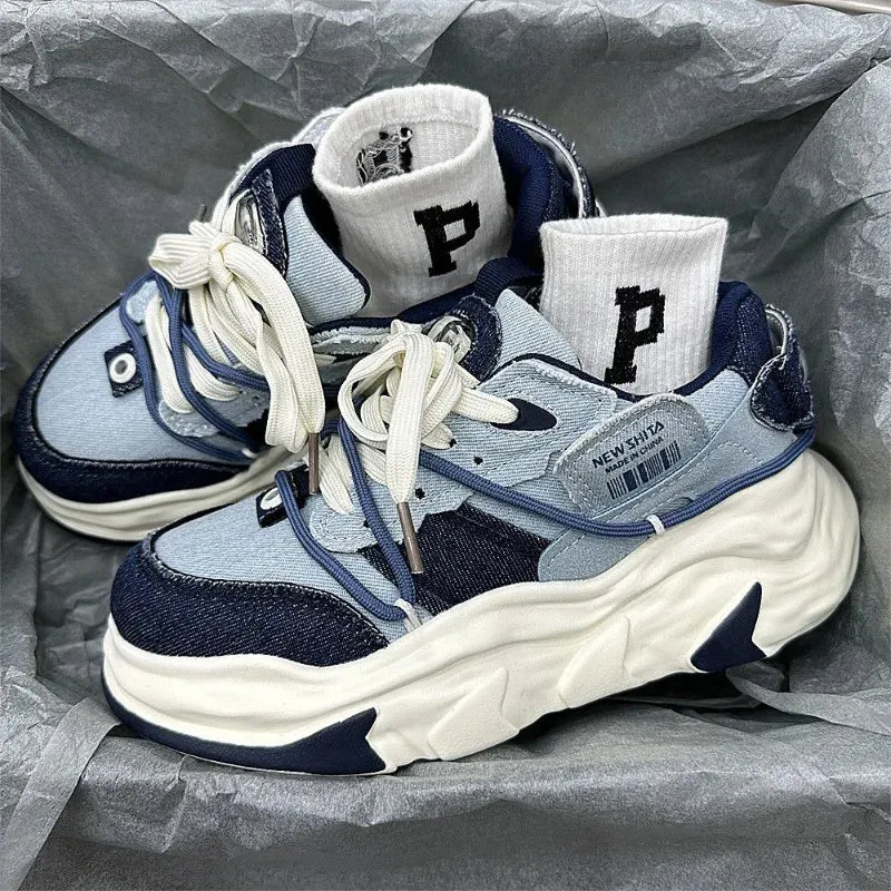 JOSKAA Trendy Denim Mens Sneakers Platform Student Breathable Casual Womens Chunky Shoes Designer Outdoor Couple Luxury Male Footwear