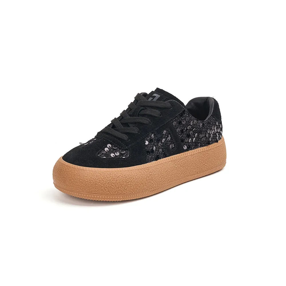 JOY&MARIO Women’s Lace-up Cow Suede and Sequins Desun Shoes in Black-83571W