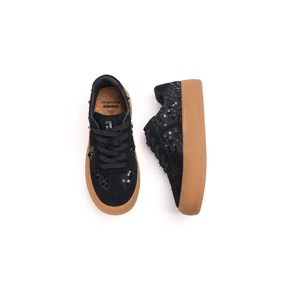 JOY&MARIO Women’s Lace-up Cow Suede and Sequins Desun Shoes in Black-83571W