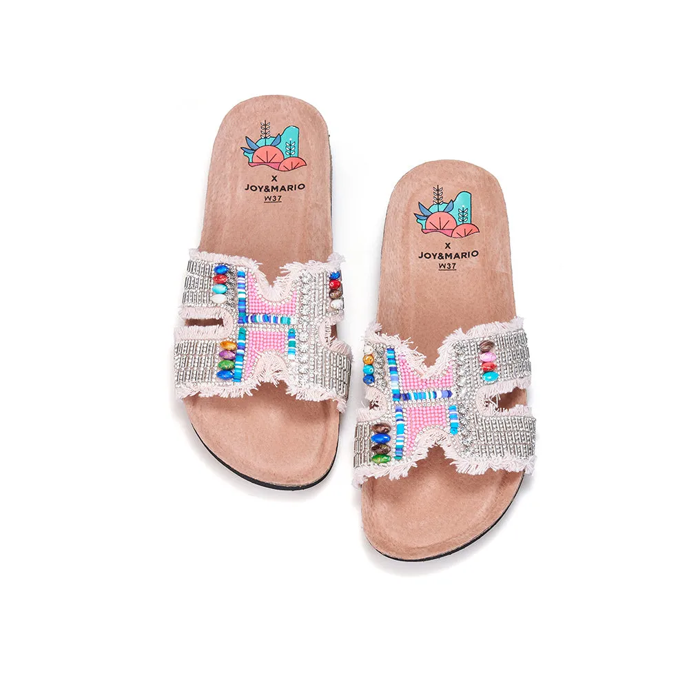 JOY&MARIO Women’s Slip-On Pearl Fabric Birken Shoes in Black-77259W