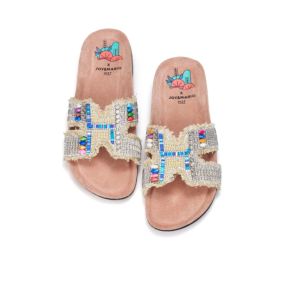JOY&MARIO Women’s Slip-On Pearl Fabric Birken Shoes in Black-77259W