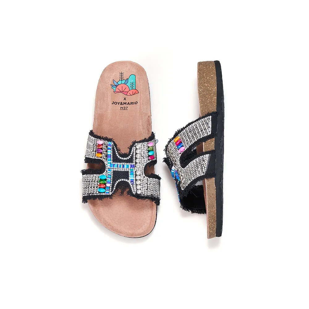 JOY&MARIO Women’s Slip-On Pearl Fabric Birken Shoes in Black-77259W