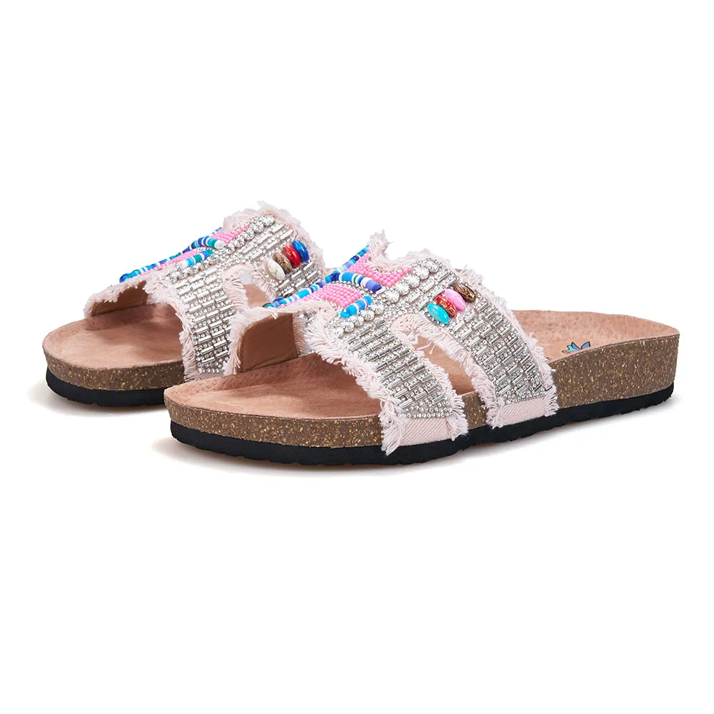 JOY&MARIO Women’s Slip-On Pearl Fabric Birken Shoes in Black-77259W