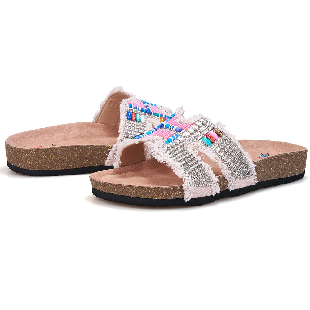 JOY&MARIO Women’s Slip-On Pearl Fabric Birken Shoes in Black-77259W