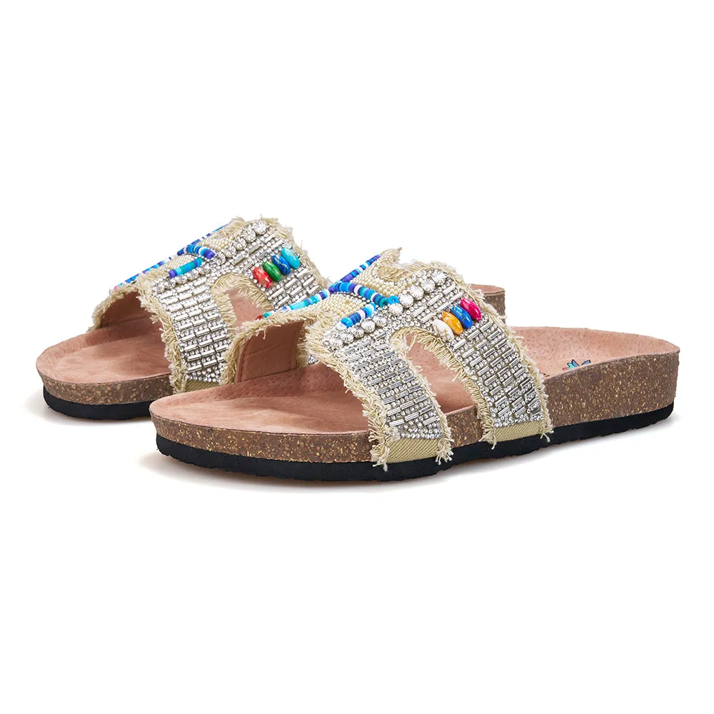 JOY&MARIO Women’s Slip-On Pearl Fabric Birken Shoes in Black-77259W