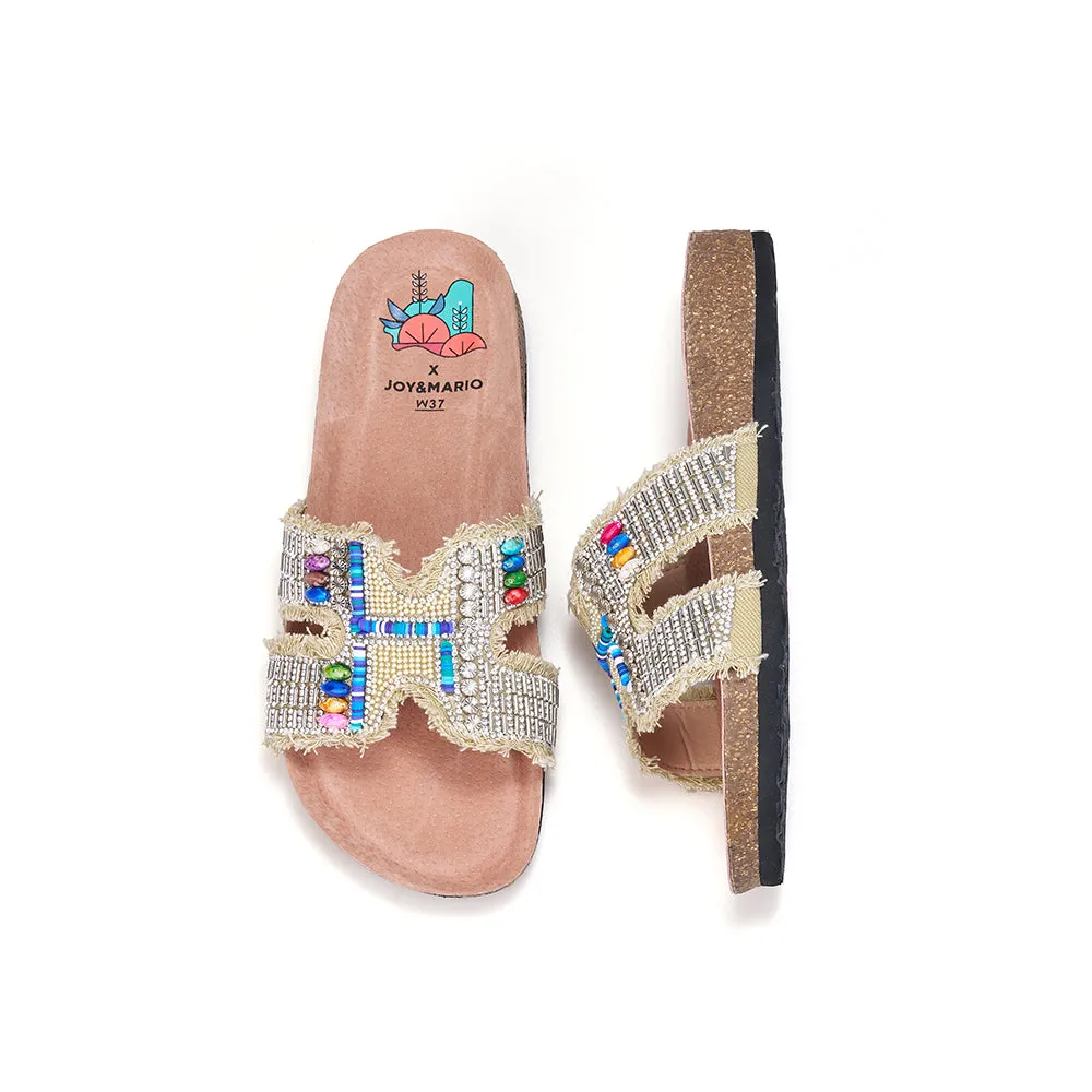 JOY&MARIO Women’s Slip-On Pearl Fabric Birken Shoes in Black-77259W