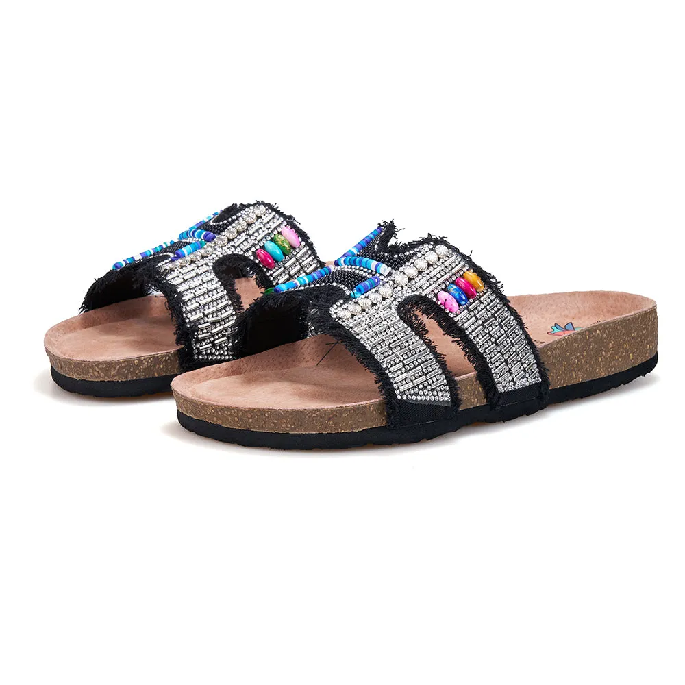JOY&MARIO Women’s Slip-On Pearl Fabric Birken Shoes in Black-77259W