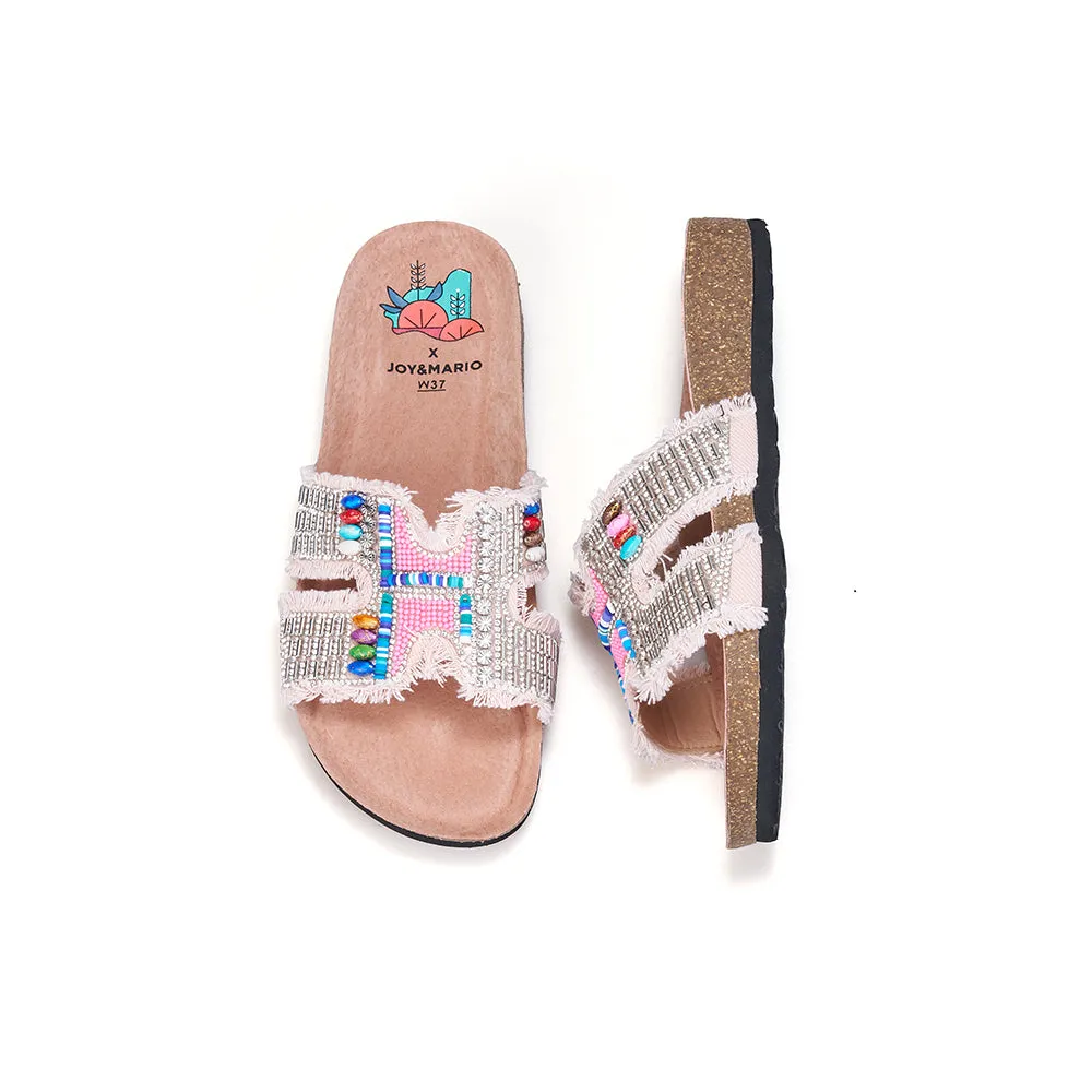 JOY&MARIO Women’s Slip-On Pearl Fabric Birken Shoes in Black-77259W
