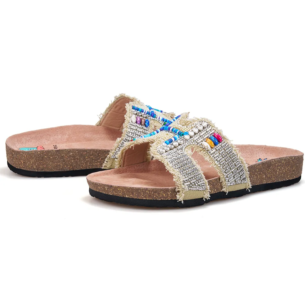 JOY&MARIO Women’s Slip-On Pearl Fabric Birken Shoes in Black-77259W