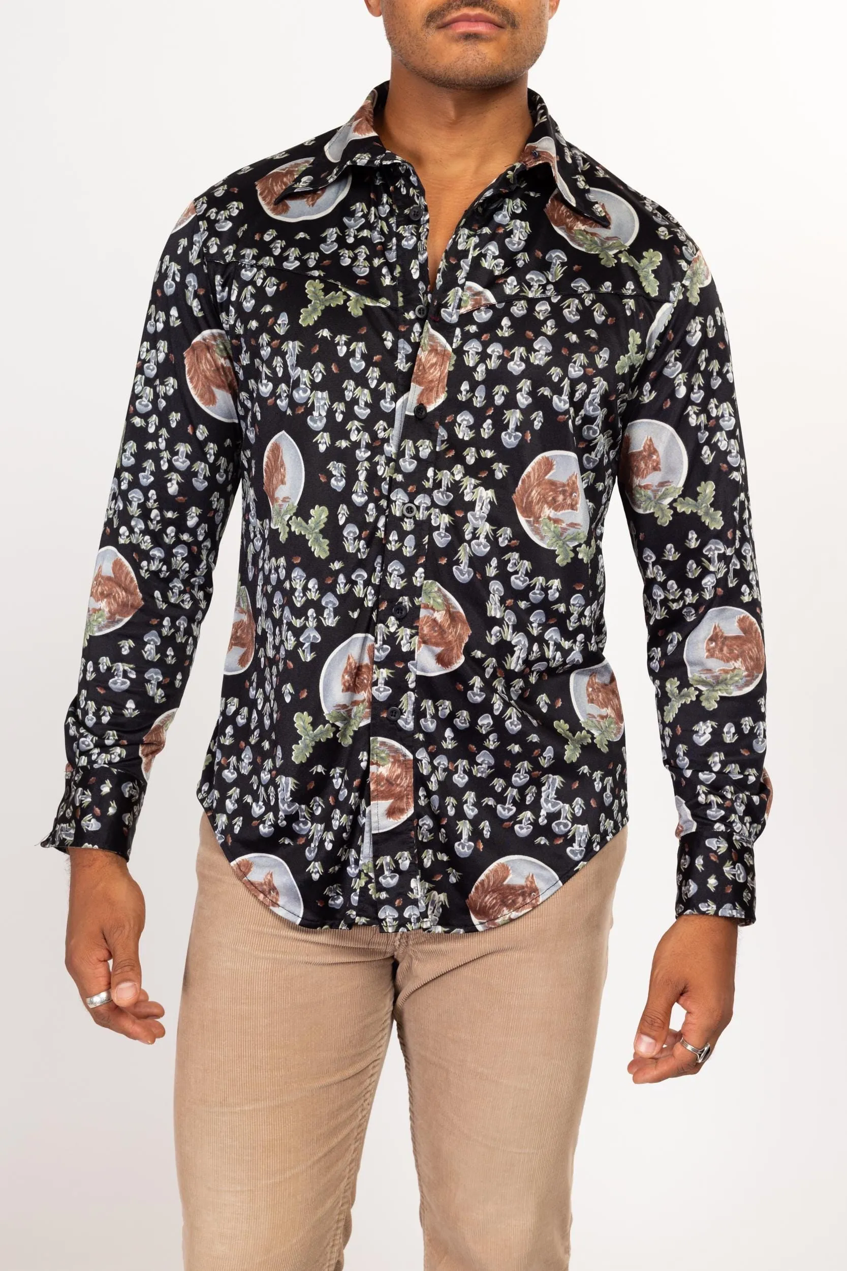 Large 70s Mushroom & Squirrel Novelty Print Disco Shirt