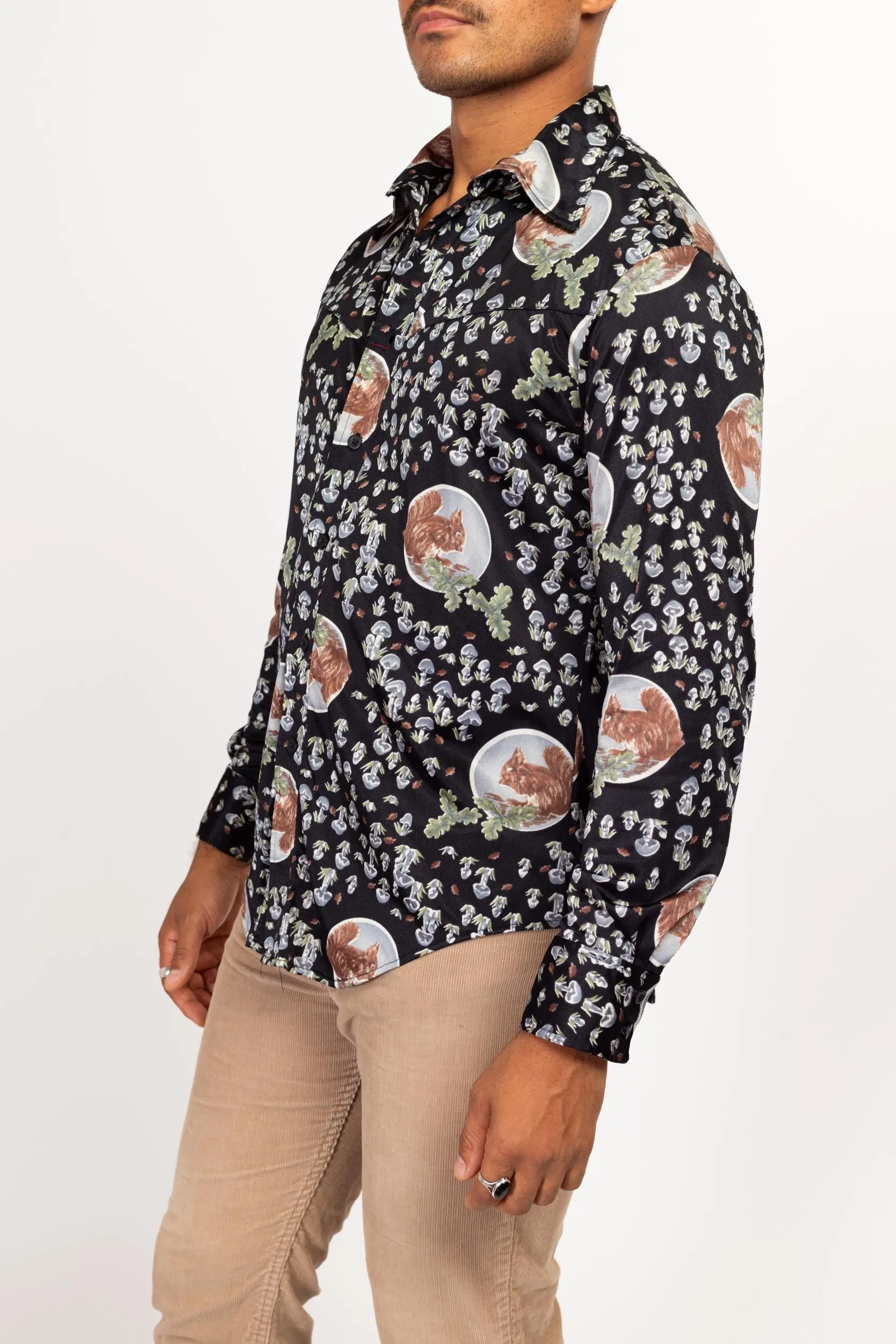 Large 70s Mushroom & Squirrel Novelty Print Disco Shirt