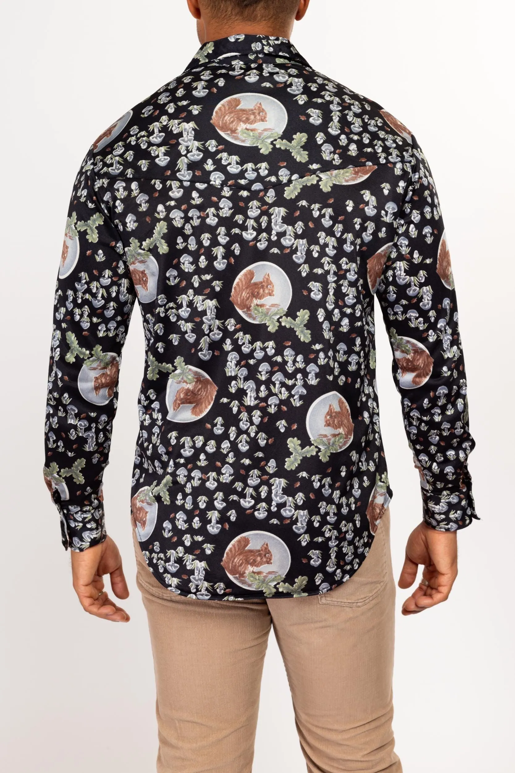 Large 70s Mushroom & Squirrel Novelty Print Disco Shirt