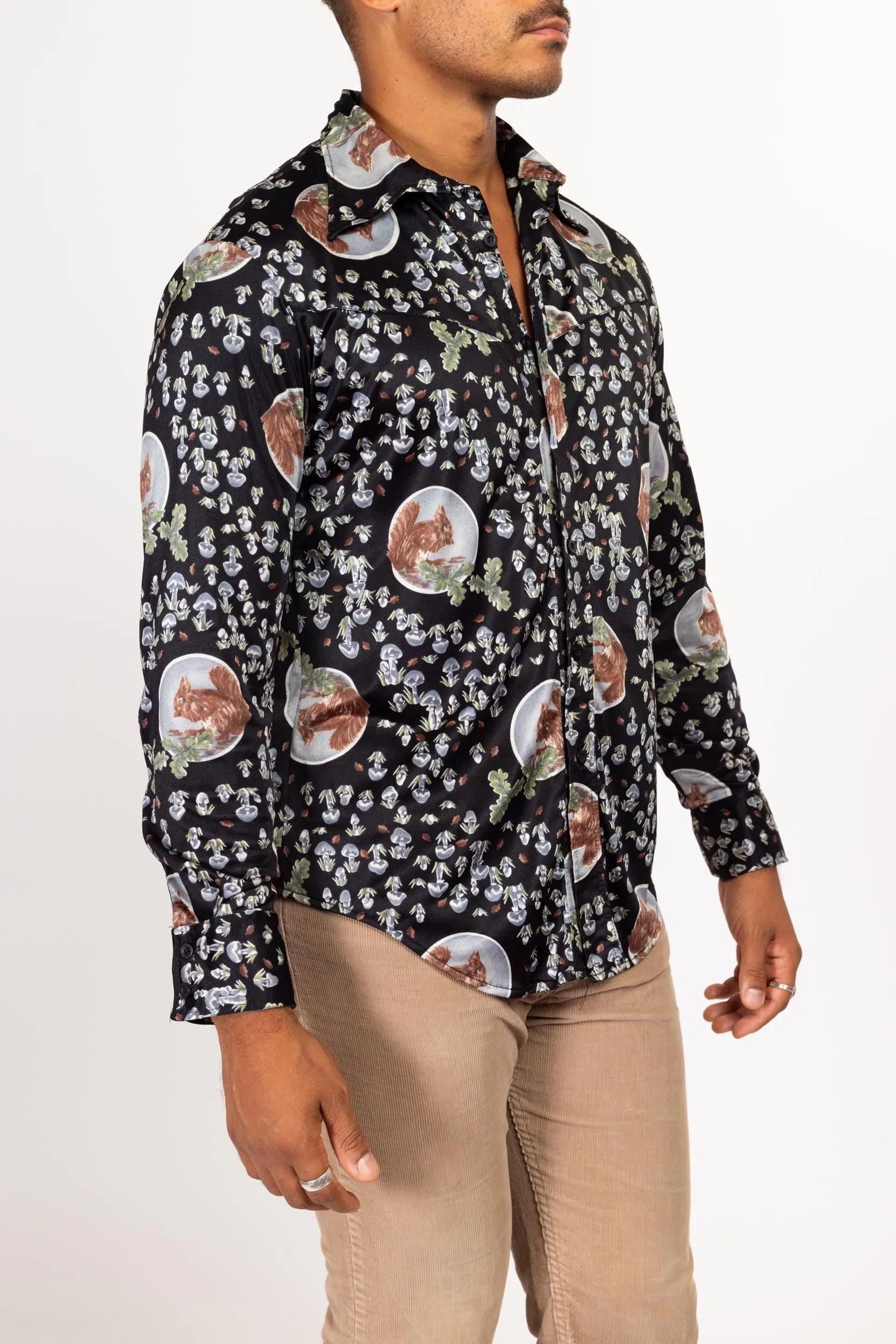 Large 70s Mushroom & Squirrel Novelty Print Disco Shirt
