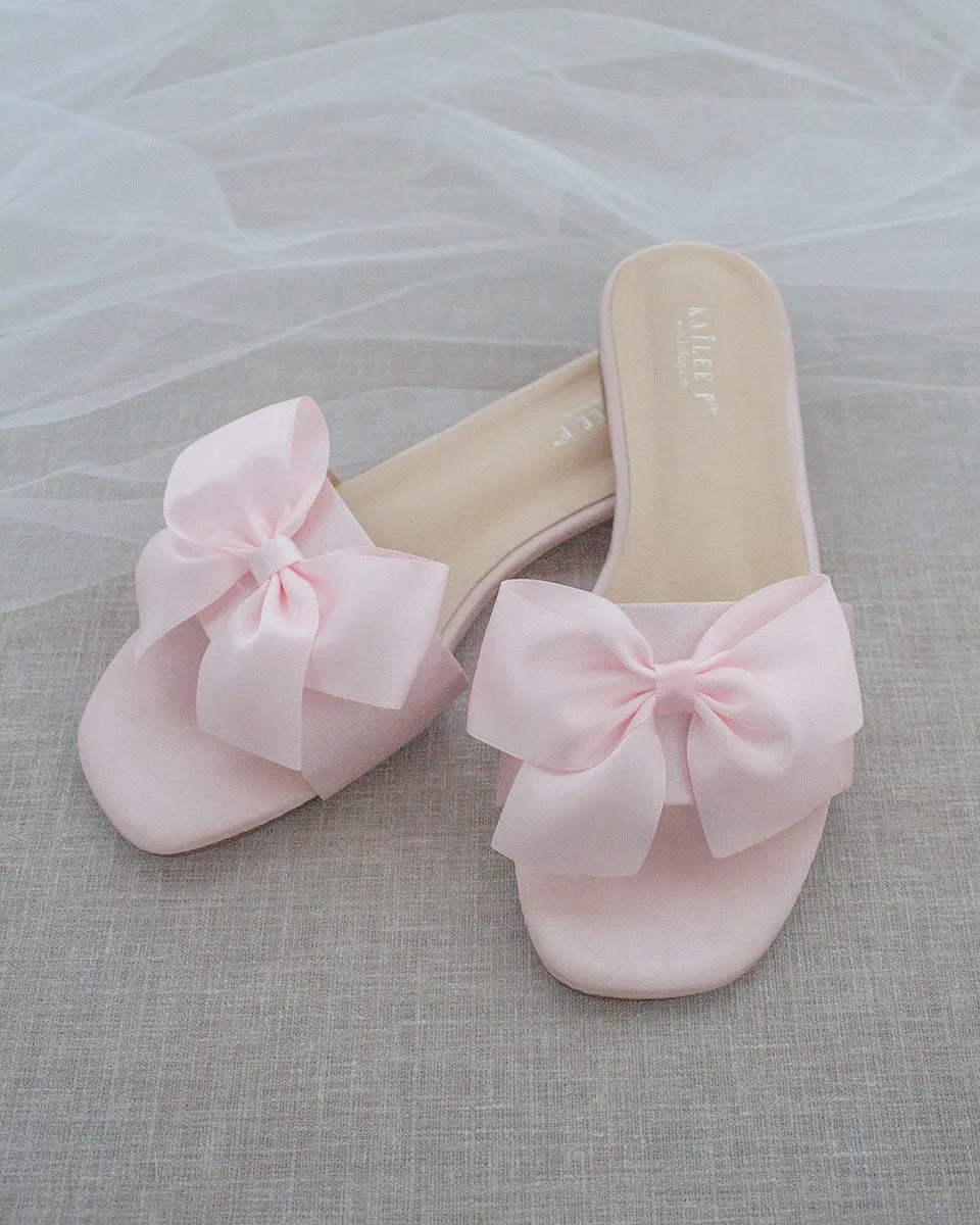 Pink Satin Slip on Sandals with Satin Bow