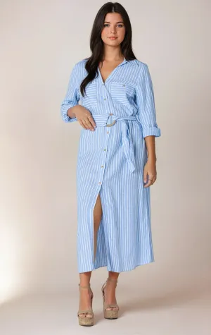 PLUS Belted Linen Blend Maxi Shirt Dress - Chambray/White Stripe