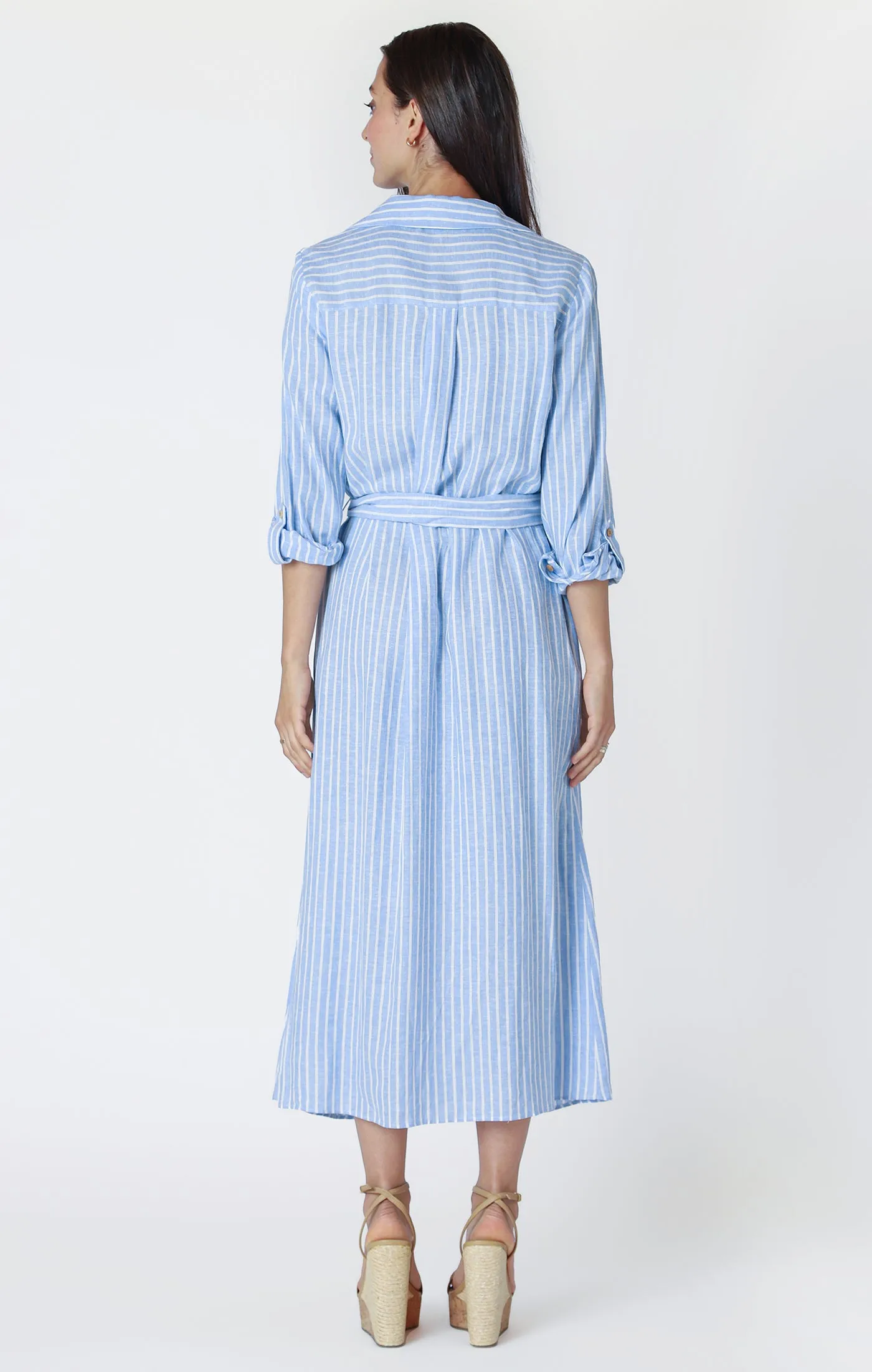 PLUS Belted Linen Blend Maxi Shirt Dress - Chambray/White Stripe