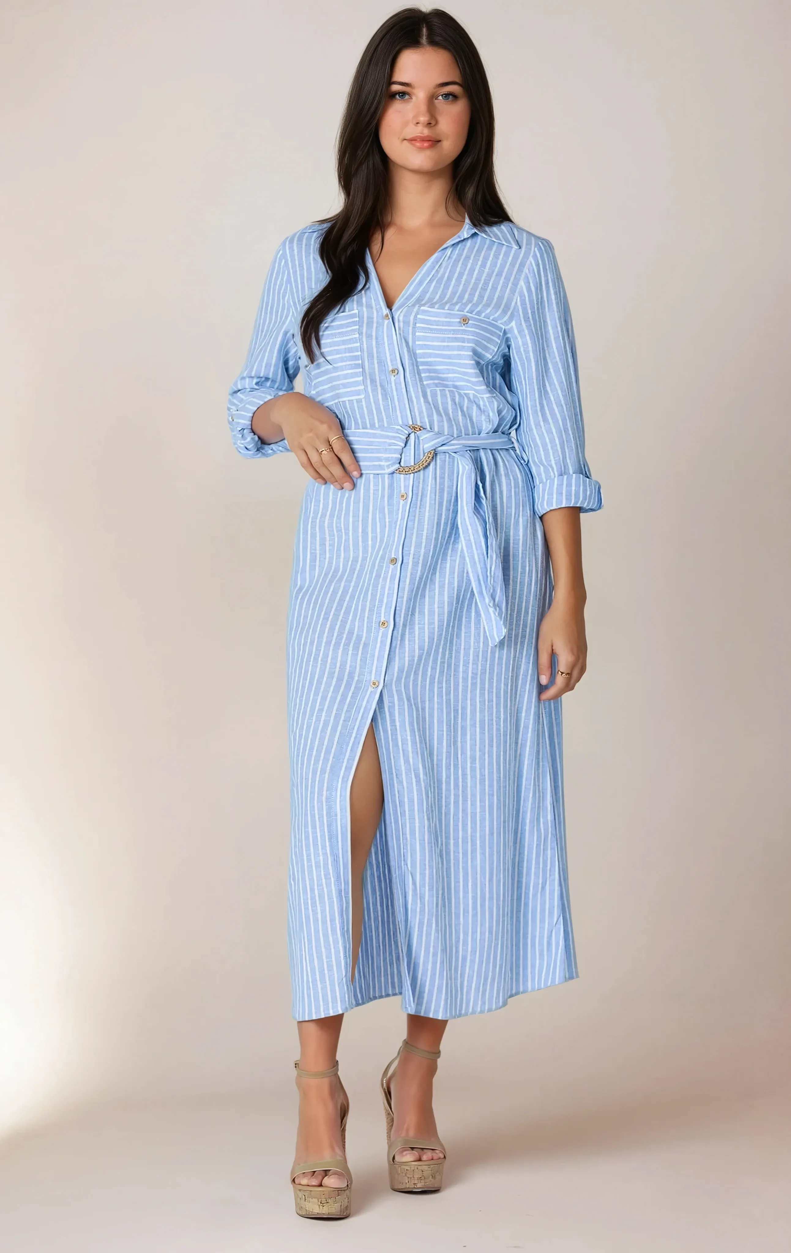 PLUS Belted Linen Blend Maxi Shirt Dress - Chambray/White Stripe