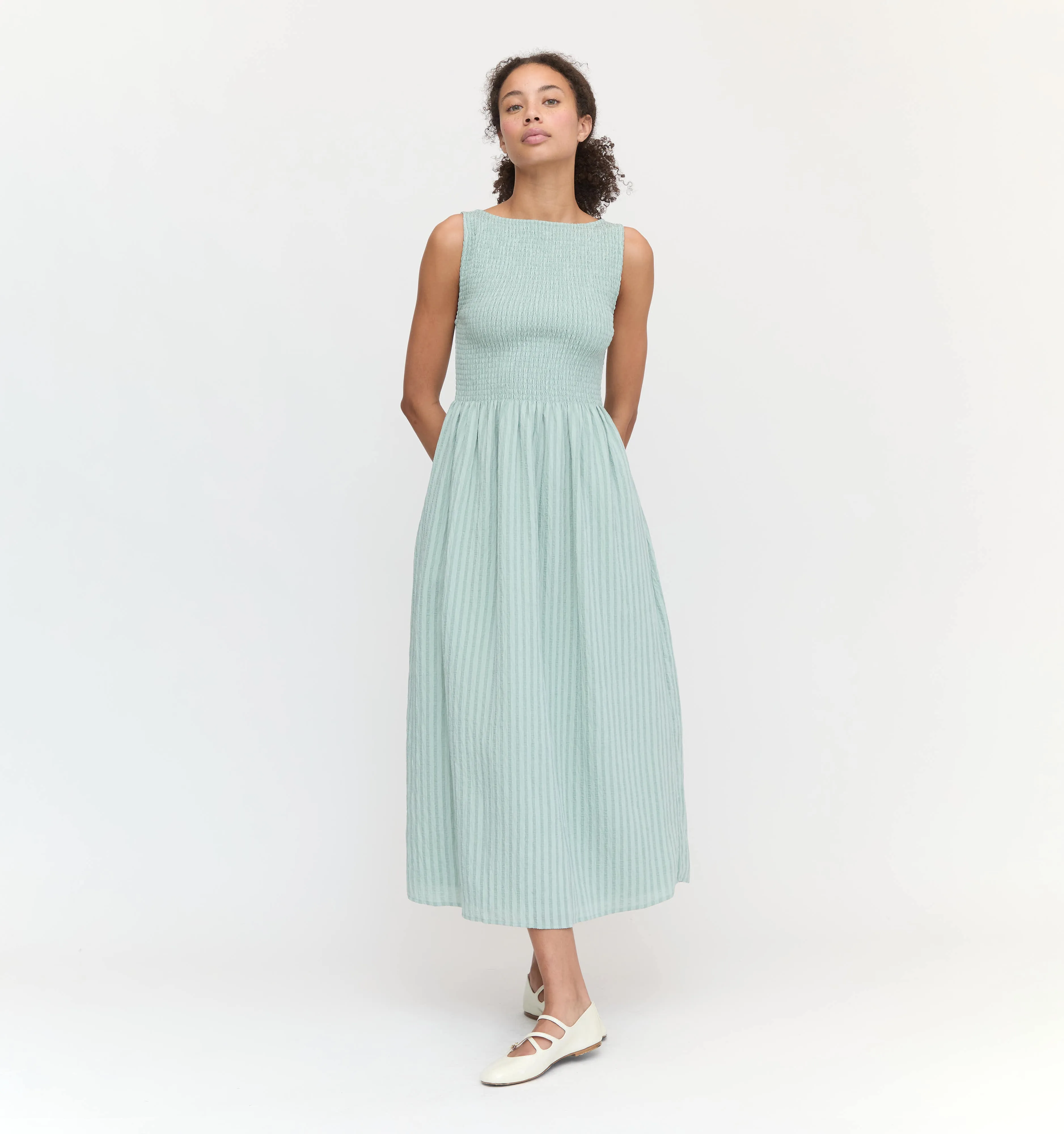 The Cosima Nap Dress - Soft Green Tonal Seersucker
