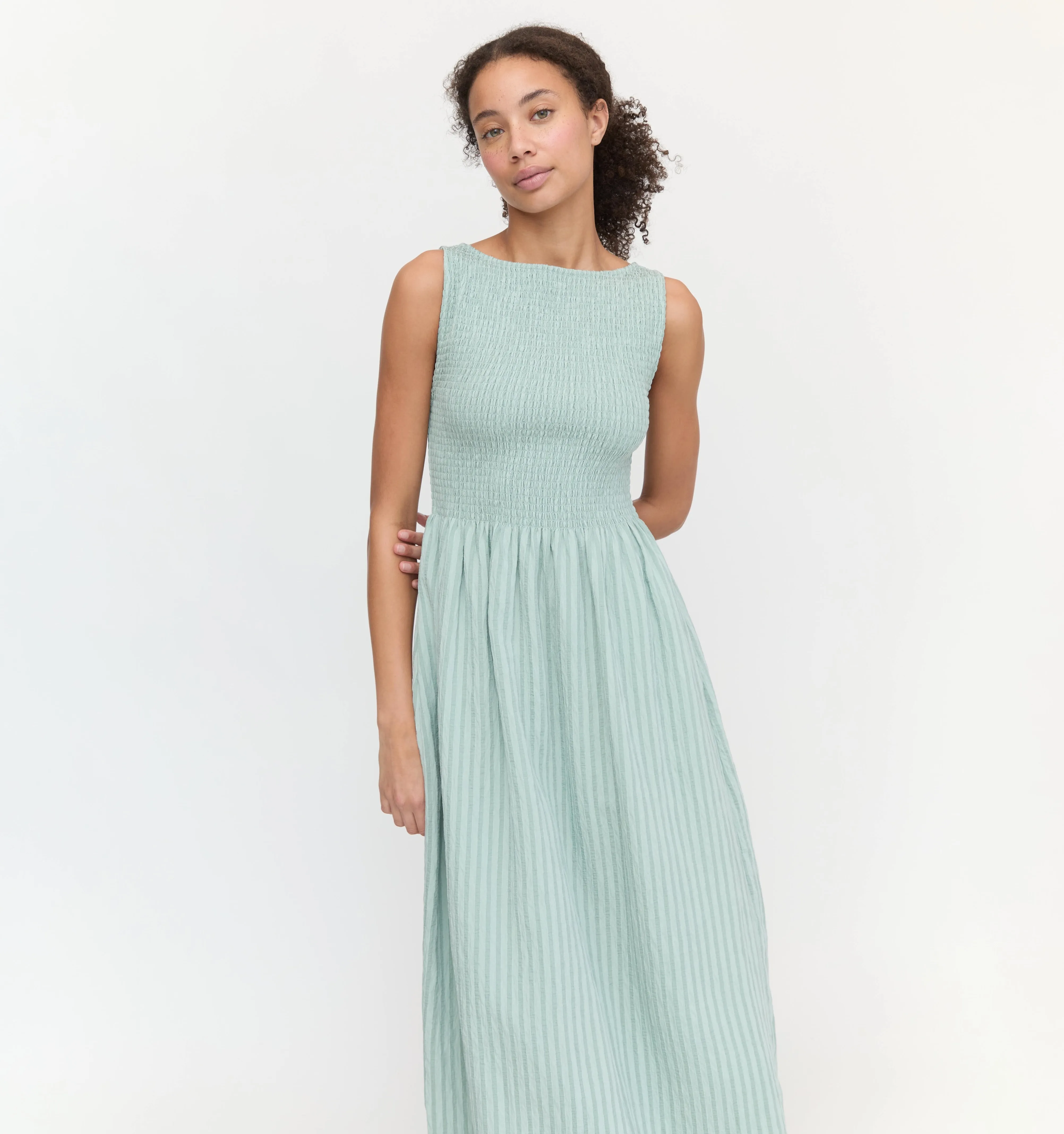 The Cosima Nap Dress - Soft Green Tonal Seersucker