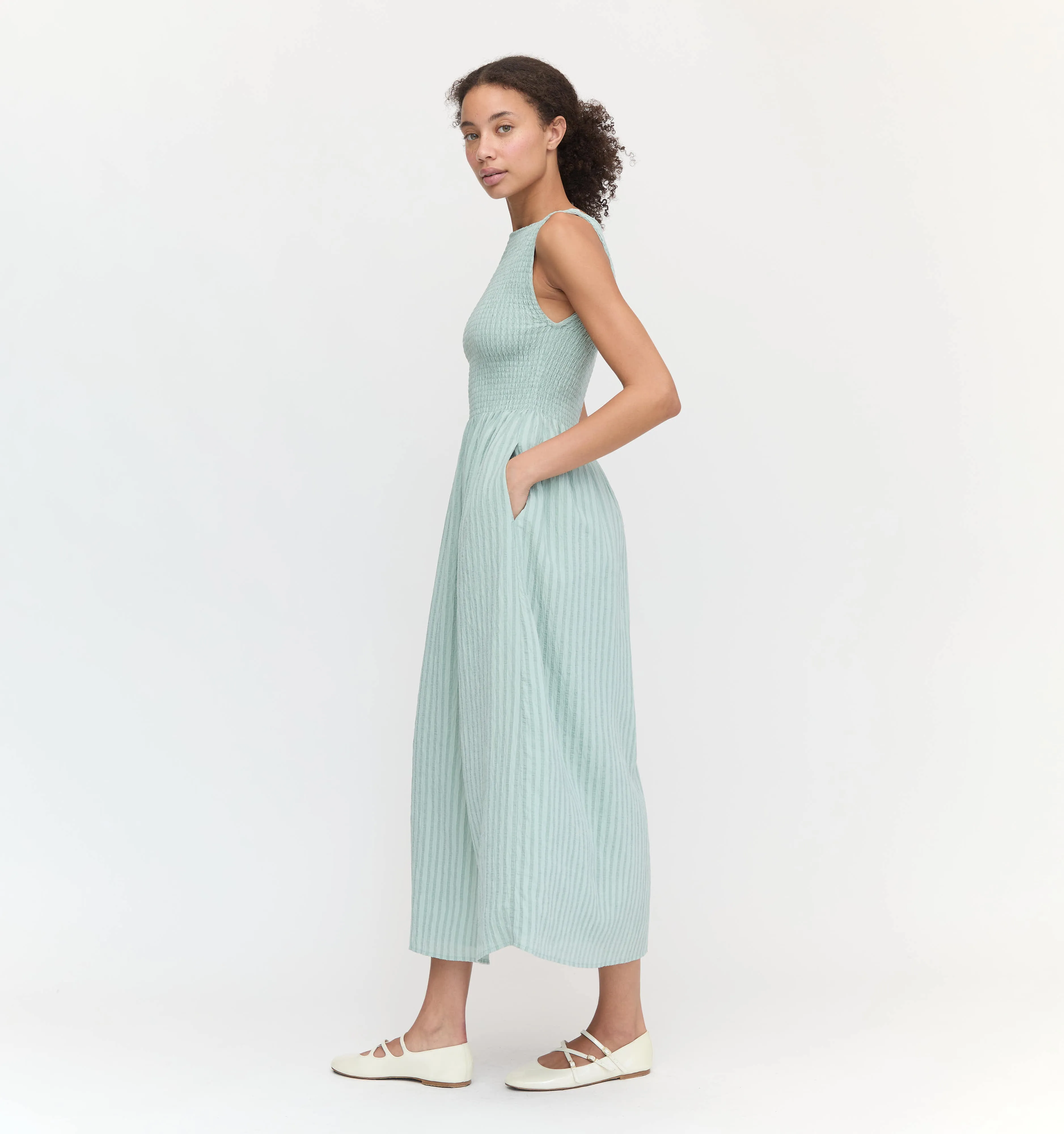 The Cosima Nap Dress - Soft Green Tonal Seersucker