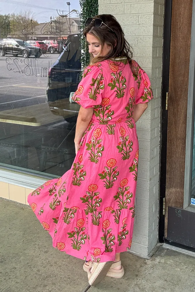 THML-Puff Sleeve Flower Print Maxi Dress-Pink