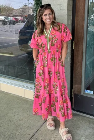 THML-Puff Sleeve Flower Print Maxi Dress-Pink
