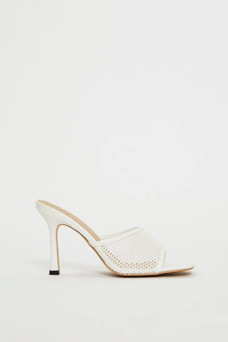 White Angelina Mesh Square Toe Mule High Heeled Shoe