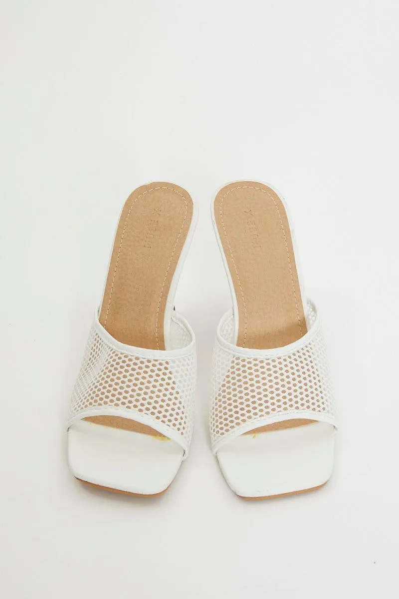 White Angelina Mesh Square Toe Mule High Heeled Shoe