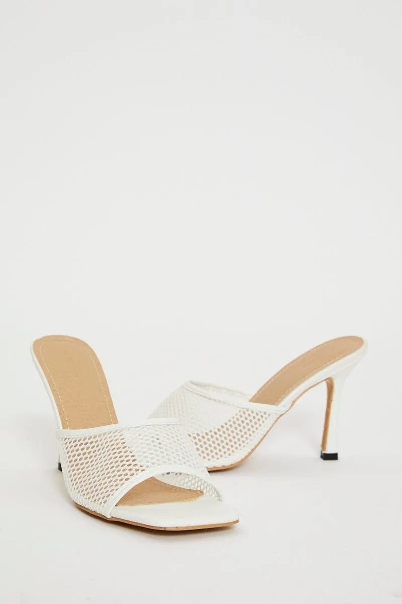White Angelina Mesh Square Toe Mule High Heeled Shoe