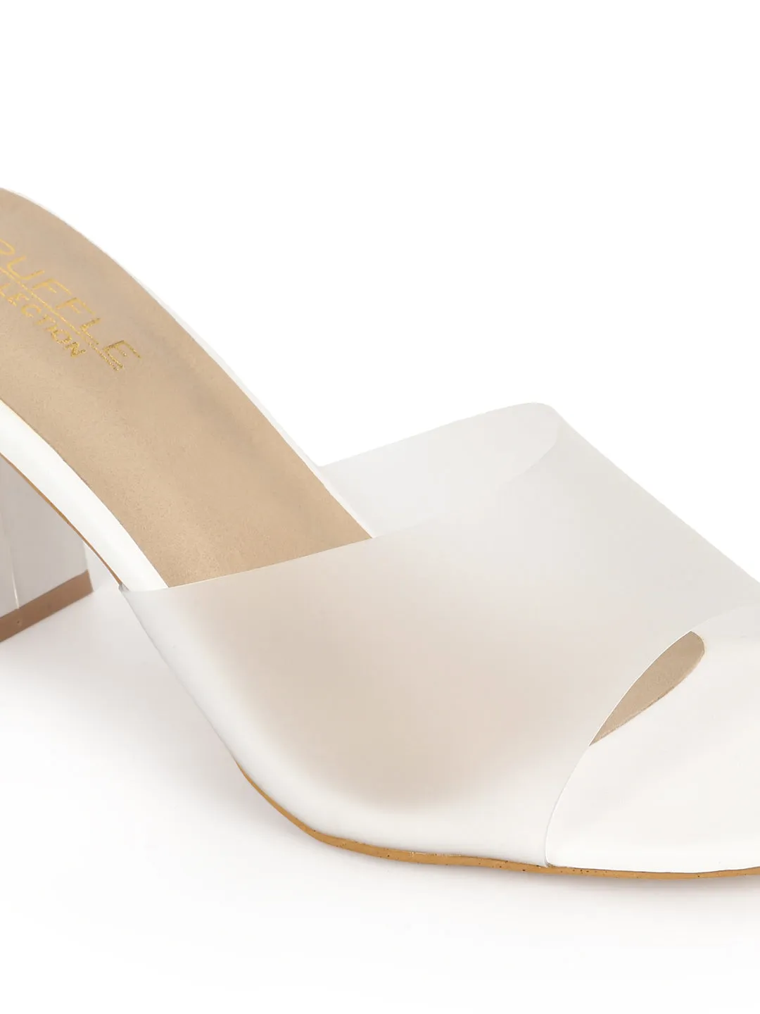White PU Perspex Slim Block Heel Clear Mules (TC-SLC-B-74-WHT)