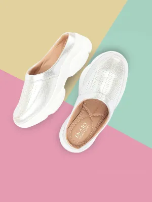 Women Silver Laser Cut Design Stitched Back Open Slip On Mules Shoes